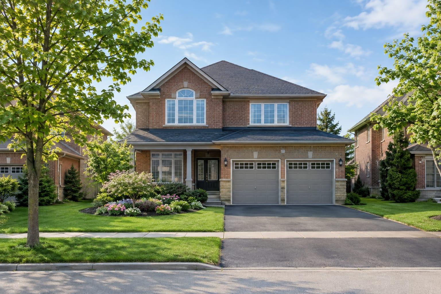 Two-storey brick home with a double garage on a quiet tree-lined street