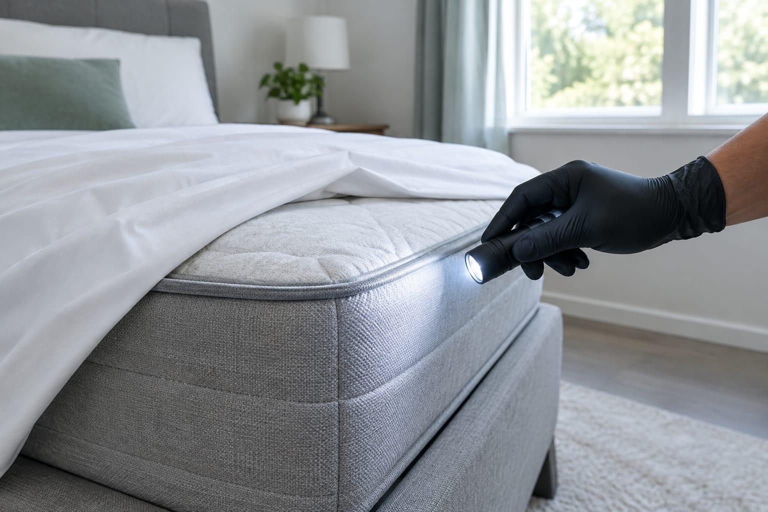 Gloved hand shining a flashlight along a mattress seam during an inspection