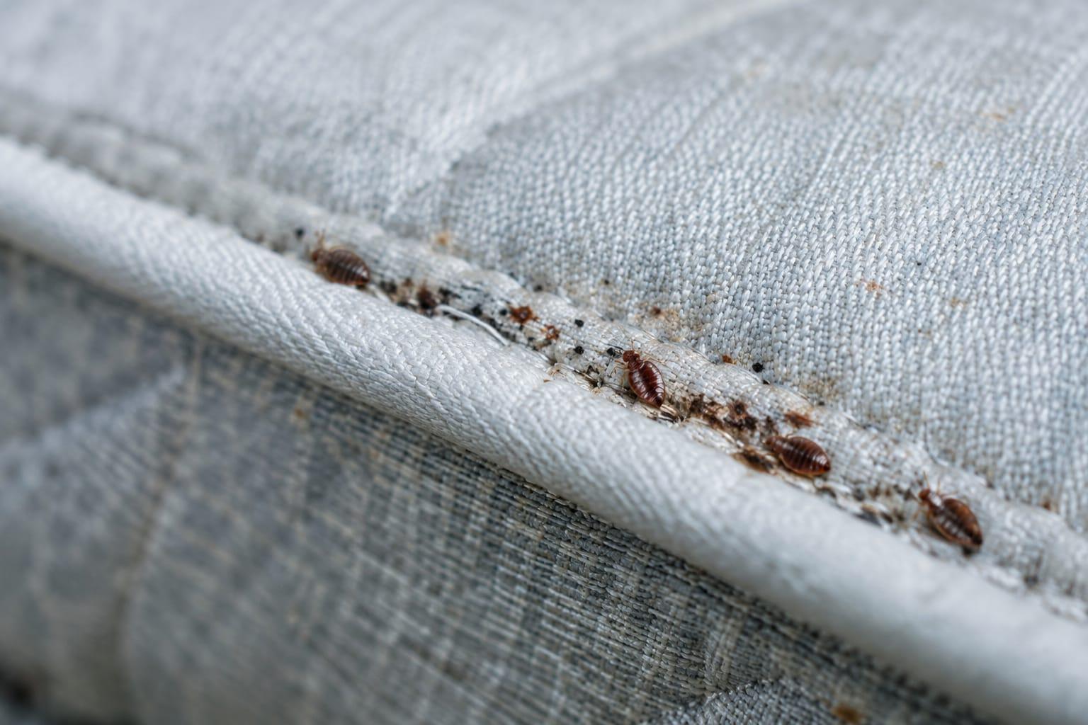 Example of bed bugs and dark spotting along a mattress seam