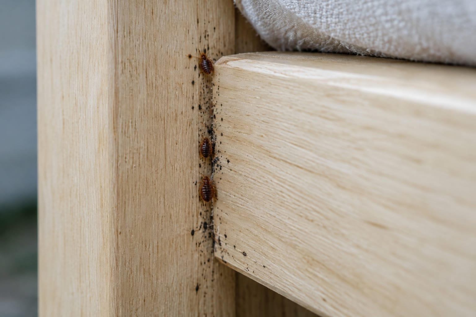 Example of bed bugs and dark spotting in the joint of a wooden bed frame